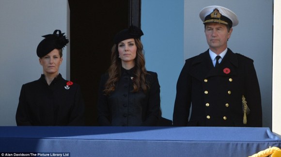 Daily Mail: "The Duchess of Cambridge (centre), Sophie, Countess of Wessex (left) and Timothy Laurence (right) attend the commemorations"