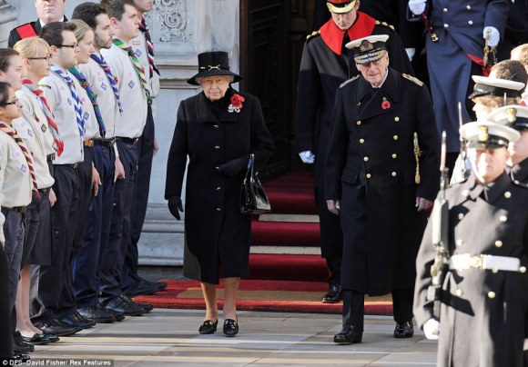 Daily Mail: "The Queen (left) and Prince Philip, Duke of Edinburgh (front right) arrive at the Cenotaph in Central London, ahead of Prince Harry (top)"