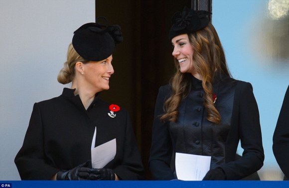 Daily Mail: "The Duchess of Cambridge (right) smiles as she stands with the Countess of Wessex, on a balcony overlooking Whitehall's Cenotaph in Central London"