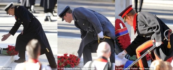 Daily Mail: "Three Princes: Philip (left) is joined in laying a wreath on Whitehall in Central London by William (centre) and Harry (right)"